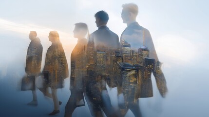 Abstract concept of human shadow morphing into multiple silhouettes across world landmarks, symbolizing growth, expansion, and opportunity — concept of personal transformation, international career