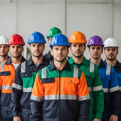 A diverse team of professional industrial workers in colorful safety hard hats standing together, representing the future of skilled labor