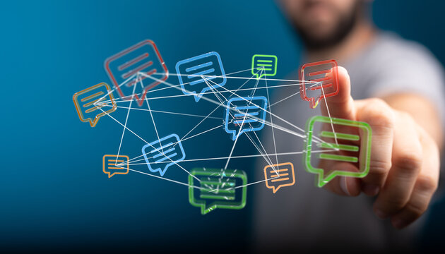 Abstract network of interconnected chat bubbles representing communication and digital interaction.  Concept of global messaging, social network - Powered by Adobe