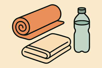 Rolled and folded yoga mats with a water bottle on beige background