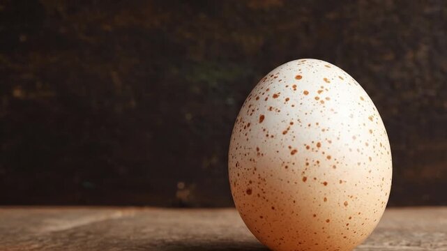 A visually appealing close-up shot highlights a single, beautifully speckled egg standing upright on a textured, rustic wooden surface. The egg's delicate shell, adorned with a natural pattern of dark