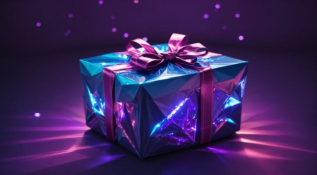 Behold a striking, holographic gift box wrapped in vibrant blue and magenta paper, tied with a shiny purple ribbon and bow, illuminated dramatically by neon purple and pink lights.