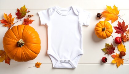 Autumn Baby Bodysuit Mockup with Pumpkins and Fall Leaves on White Wood.
