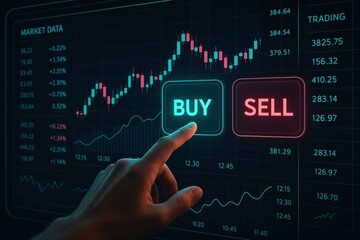Trader interacting with digital stock market screen, highlighting buy and sell options amidst fluctuating market data. Concept of investment, financial strategy, and real-time trading decisions.