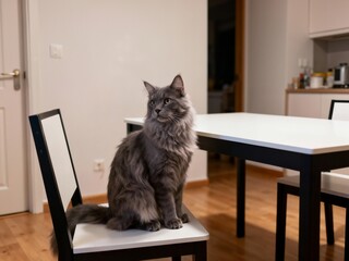 A large, gray Maine Coon cat sits regally on a white dining chair in a modern, well-lit kitchen and dining area, looking off into the distance.