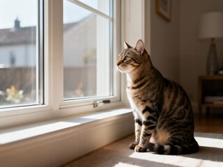 A striking tabby cat sits patiently and looks intently out of a sunlit window, capturing a moment of quiet contemplation and natural curiosity in the warmth of the day.