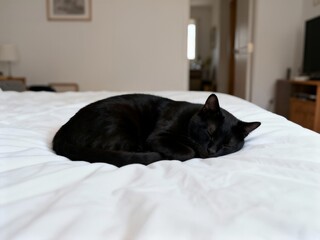 A sleek black cat is curled up and peacefully sleeping on a pristine white duvet cover in a bright, minimalist bedroom, conveying ultimate comfort and relaxation.