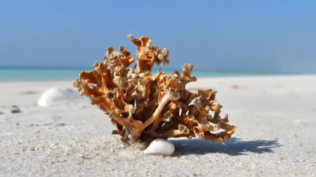 A weathered coral structure sits on a sandy beach, white shell in foreground, blue sky and ocean afar