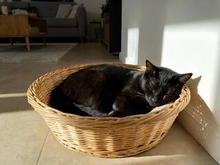 A sleek black cat is curled up and comfortably sleeping in a wicker basket, positioned on the floor to soak up the warm sunlight streaming into the room.