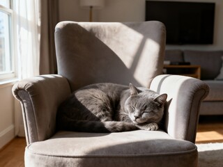 A beautiful gray cat is curled up and peacefully sleeping in a comfortable velvet armchair, enjoying a warm patch of sunlight in a cozy living room.