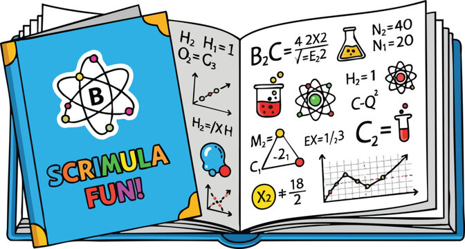 Open Book With Chemistry Equations And Science Symbols On Blue Background With Text