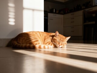 A lovely orange tabby cat is curled up and sleeping peacefully on the kitchen floor tiles, enjoying the warmth of a strong sunbeam.