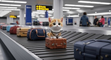 Adorable kitten sitting atop a suitcase on an airport luggage conveyor belt travel adventure