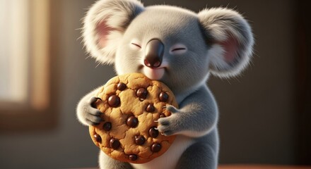 Adorable koala holding a giant chocolate chip cookie with a happy expression