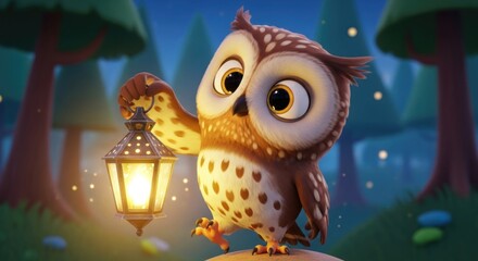 Adorable owl cartoon character holding a glowing lantern in a whimsical forest scene