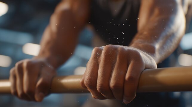 Close-up of fingers wrapped around textured bar with airborne chalk particles — representing gym motivation, workout intensity, and professional fitness-focused content for social media or wellness