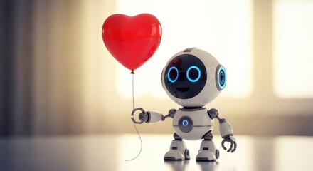 Adorable robot holding a red heart-shaped balloon conveying love and affection in a futuristic