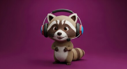 Adorable Raccoon Cartoon Character Wearing Headphones Against a Purple Background