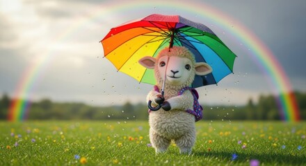 Adorable sheep with rainbow umbrella standing in flower field beneath rainbow sky