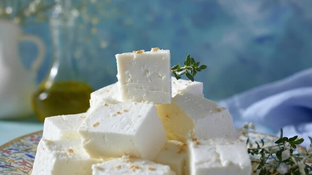 A visually appealing close-up showcases a generous pile of creamy, white dairy cheese cubes, artfully arranged on a decorative plate with a vibrant, intricate pattern. Each piece of cheese is lightly 