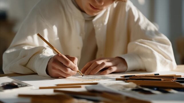 Soft top-down shot of artist’s hands drawing on paper with scattered pencils — symbolizing inspiration, imagination, and the tactile joy of creation. cinematic color correction, natural uneven