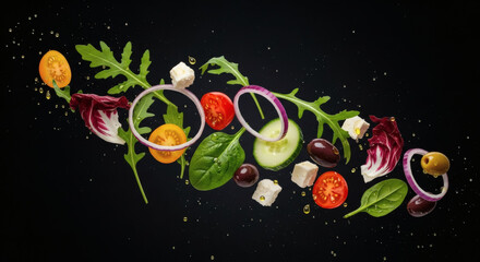 Floating ingredients of a deconstructed salad