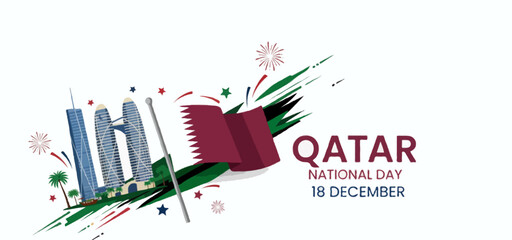 “Qatar National Day Vector : Minimalist Doha Skyline with Flowing Maroon Flag & Falcon Accents
