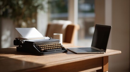A vintage typewriter placed beside a sleek modern laptop on a clean wooden desk, sunlight highlighting the contrast between old-school mechanical keys and contemporary digital design — a powerful