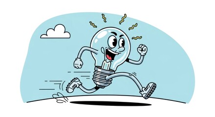 Animated light bulb character energetically running on a stylized blue background illustration