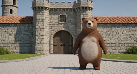 Animated Bear Guarding the Castle Entrance with Stone Walls and Wooden Gate at Sunny Day creating
