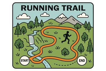 Cartoon running trail map illustrating outdoor sport and adventure