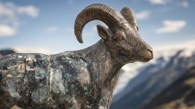 A bronze ram sculpture with massive curled horns, positioned against a blurred mountainous backdrop