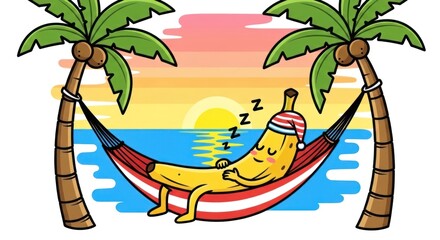 Banana cartoon character relaxing in a hammock on a tropical beach during sunset concept