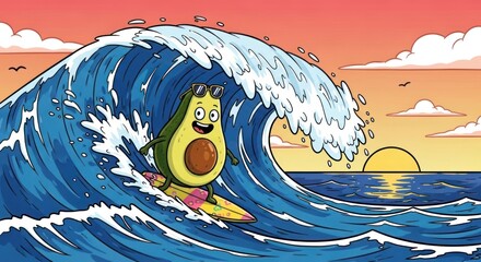 Cartoon Avocado Surfer Riding a Big Wave at Sunset over the Ocean Illustration
