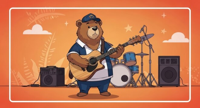 Cartoon bear playing guitar with musical instruments background in orange color, musician