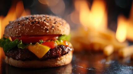 Juicy burger with cheese and vegetables beside crispy fries against a flame backdrop