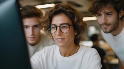 Candid photo of creative director guiding junior designers at a digital whiteboard — representing mentorship in the workplace, hands-on leadership, the human side of creativity, and emotional