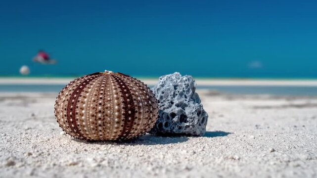 Close-up of sea urchin and rock on a sandy beach.  Blue sky and ocean visible in background