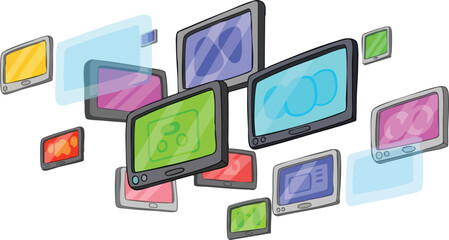 Collection of cartoon style computer monitors in various sizes displaying colorful abstract graphics and screens against a white background with a subtle isometric perspective