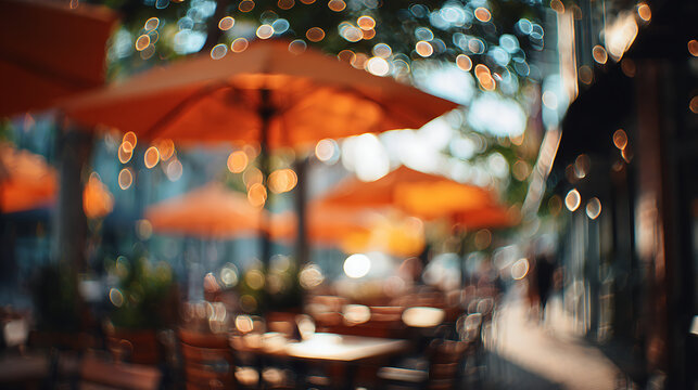 Orange umbrellas and bokeh lights at an outdoor cafe blurred background tables