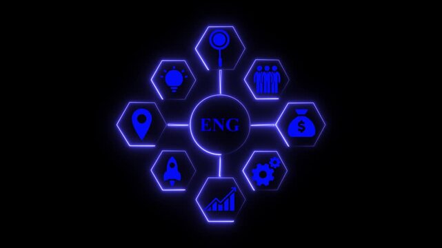 Blue Neon Hexagon Infographic with Business Icons and ENG Text image photo