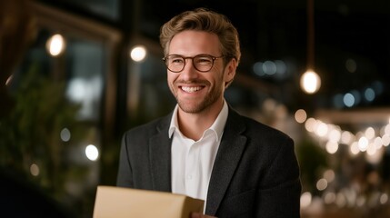 Manager handing out small Christmas bonuses or appreciation cards to employees — a genuine and uplifting scene reflecting leadership gratitude, motivation, and positive corporate values during the
