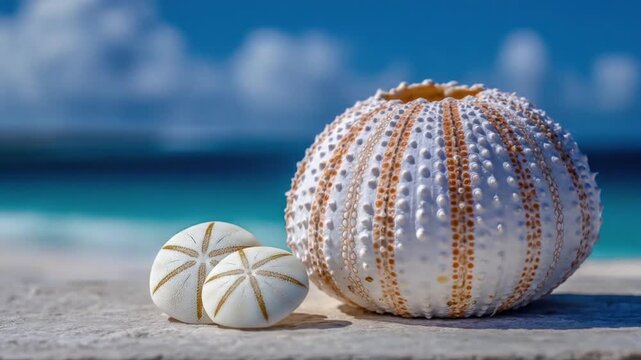 Close-up of sea urchin shells and sand dollars on a stone surface with ocean background