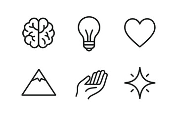 Minimalist icons of brain, lightbulb, heart, mountain, hands, sparkle