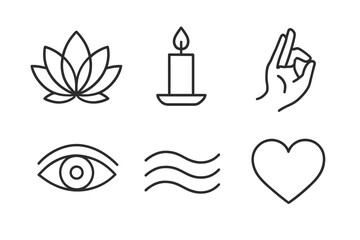 Obraz premium Minimalist yoga and meditation symbols: lotus, candle, hand, eye, waves, heart