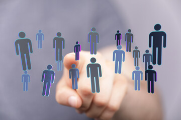 Hand touching digital figures, representing network, human connection, social media, and digital concepts. Illu