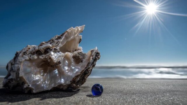 A pearlescent oyster shell and a blue glass marble sit on a sandy beach under a sunny sky