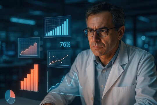 Data Science Visualization: Middle-aged researcher examining floating 3D statistical graphs and metrics in high-tech laboratory setting
