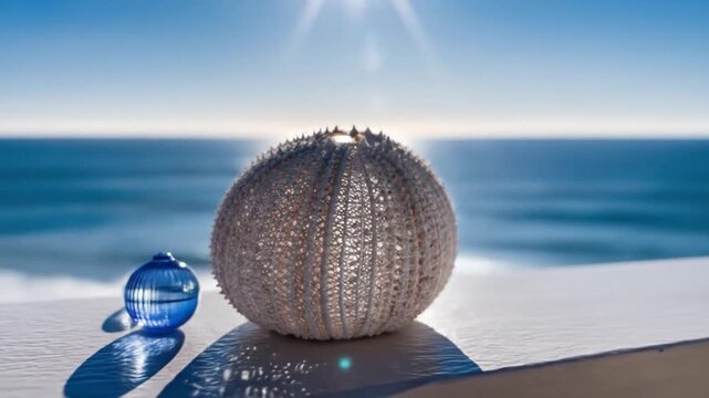 A still life of a sea urchin and glass spheres on a white surface with the ocean background