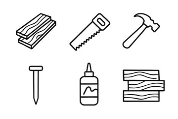 Fototapeta premium Construction tools and materials: saw, hammer, wood planks, nail, glue bottle icons